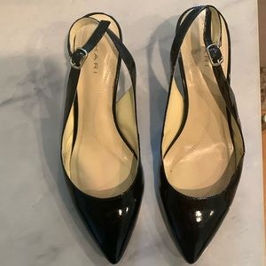 Black patent leather sling backs